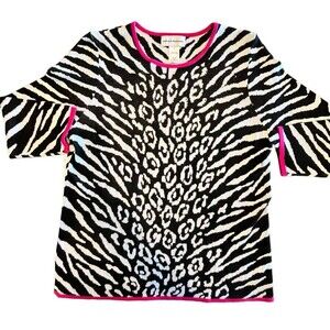 ALFRED DUNNER sweater White Black Pink Leopard Zebra Rhinestones Tunic T…